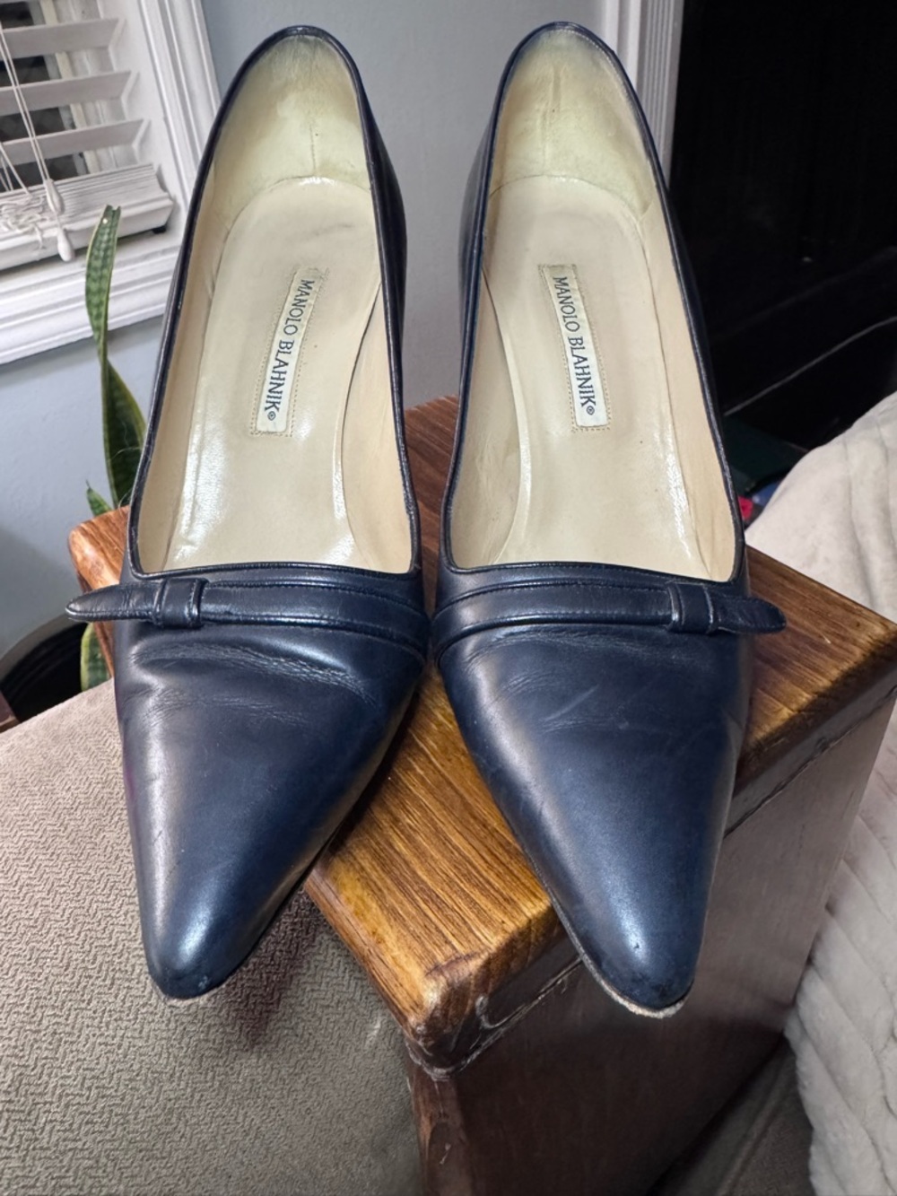 Manolo Blahnik Navy Pointed-Toe Leather Pumps with Subtle Strap Detail